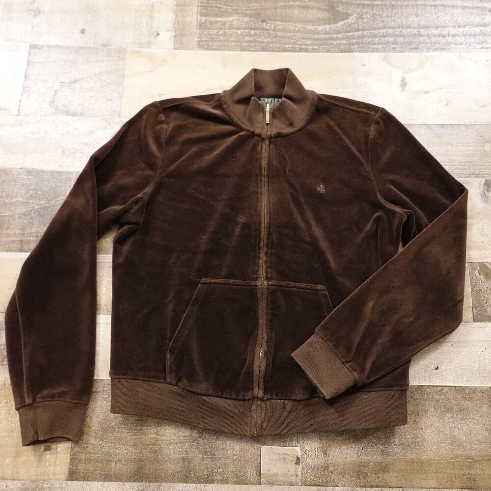 Lauren Ralph Lauren Brown Velour Zip-Up Track‎ Jacket - Women's Medium Petite